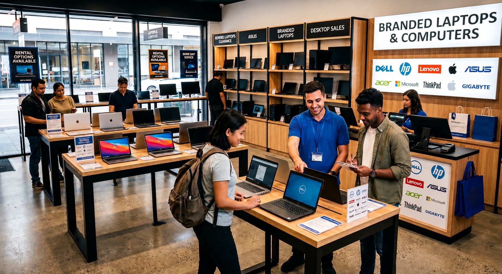 Modern computer showroom with laptops on display for business customers